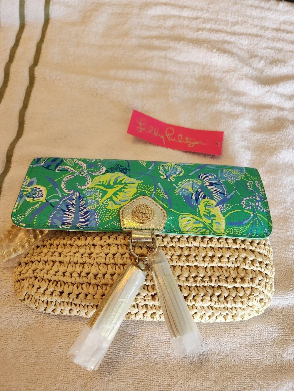 Green Floral-Trim Straw Clutch with Tassels